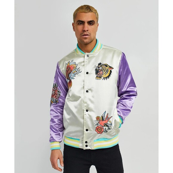 Reason Varsity Jacket Men’s Large Ivory Purple Fearless Tattoo Art Bomber - Picture 3 of 9